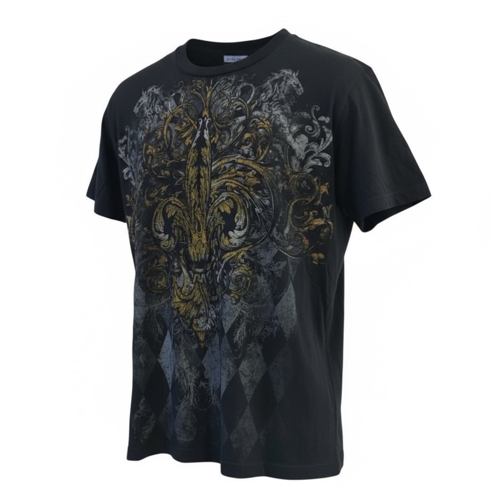 JF J. Ferrar Men’s Graphic Tee Black‎ Gold Baroque Design Size Medium
